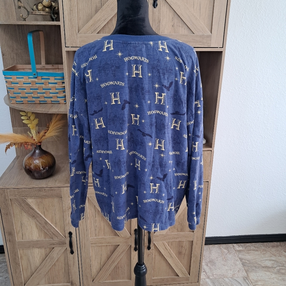 Harry Potter Graphic Pajama Top Navy Blue Long Sleeve Round Neck Loungewear Cozy - Picture 2 of 8